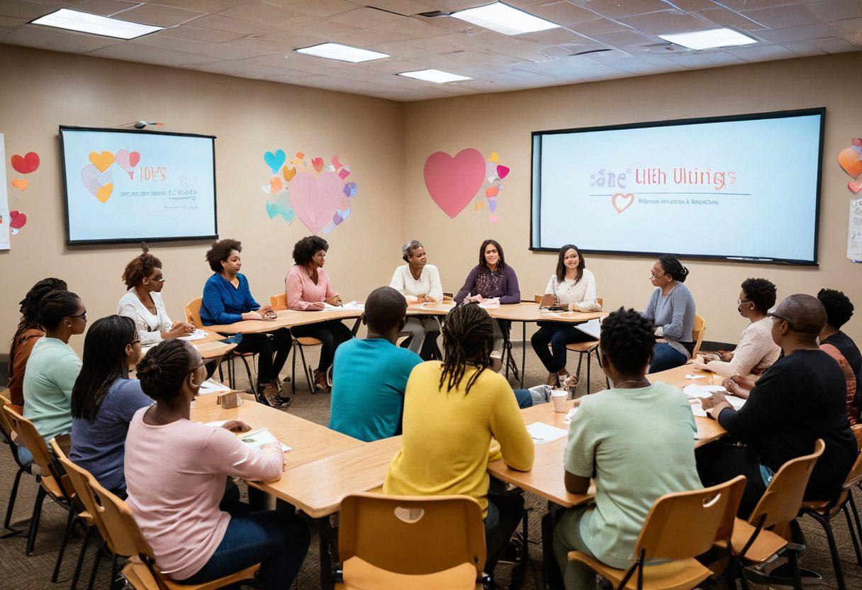 A collaborative gathering of diverse adults engaging in educational workshops about healthy relationships. The setting features warm lighting, cozy seating, and interactive displays, with books and resources scattered around. There are symbols of love and respect, such as hearts and open hands, depicted in a casual yet inviting atmosphere. Soft pastel colors enhance the mood, creating a safe and nurturing environment. vibrant colors. super-realistic.