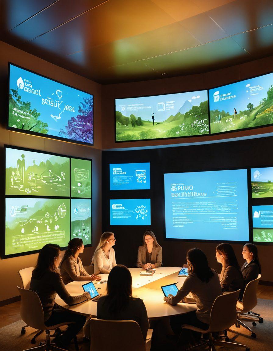 A serene and intimate setting with a diverse group of individuals engaged in a discussion about sexual health, surrounded by floating digital screens displaying informative graphics. The warm lighting creates a cozy atmosphere, emphasizing connection and empowerment. Intertwined elements of technology and nature symbolizing harmony between the digital age and personal well-being. soft focus. vibrant colors. illustration.