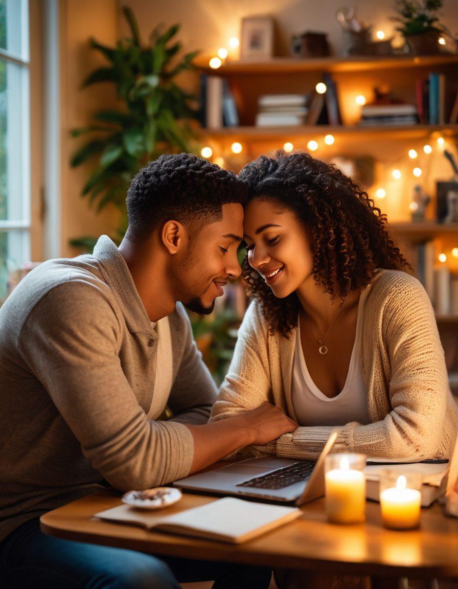 A warm, inviting scene depicting a diverse couple sharing an intimate moment in a cozy setting, surrounded by soft lighting and playful decorations. The background includes subtle elements like books on relationships, a laptop showing positive online interactions, and symbols of love and intimacy, creating a harmonious atmosphere. Focus on genuine expressions conveying trust and exploration. vibrant colors. soft focus.